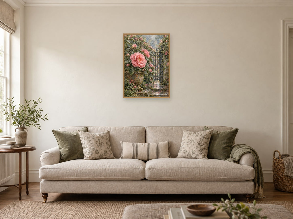 The Garden Gate Pot — A2 artwork shown in a room with a natural wood frame; select a framed finish to include a frame