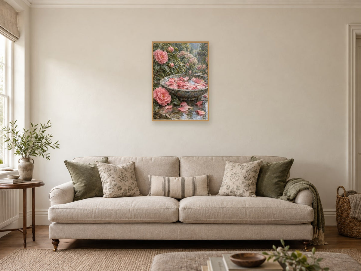 A Bowl of Fallen Petals — A2 artwork shown in a room with a natural wood frame; select a framed finish to include a frame
