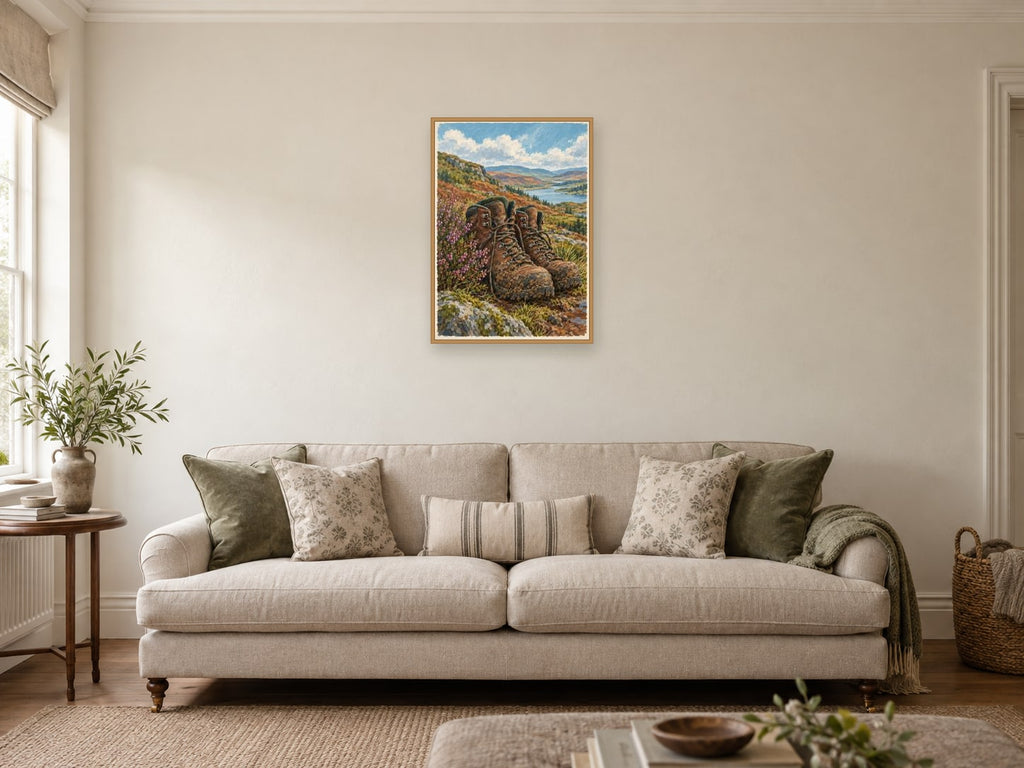 Boots by the Door — A2 artwork shown in a room with a natural wood frame; select a framed finish to include a frame