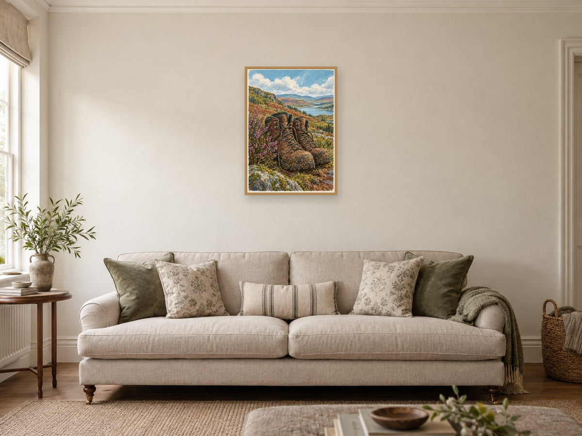 Boots by the Door — A2 artwork shown in a room with a natural wood frame; select a framed finish to include a frame