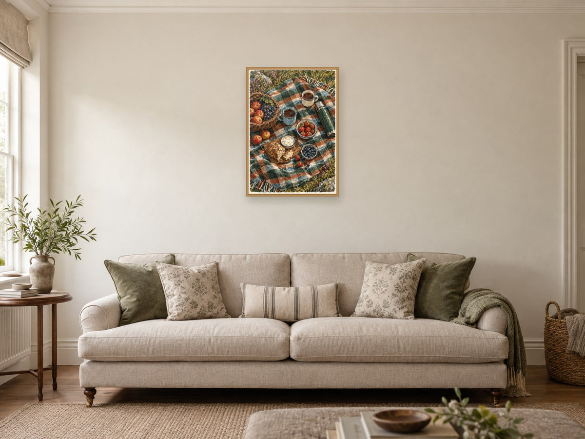 The Picnic Blanket — A2 artwork shown in a room with a natural wood frame; select a framed finish to include a frame