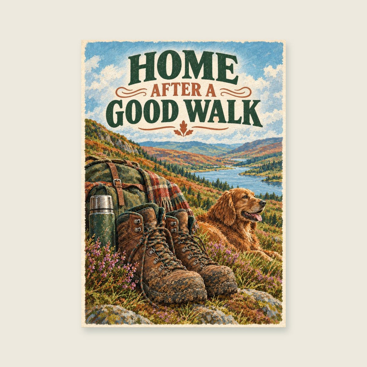 Home After a Good Walk — Retro editorial gouache living room art print