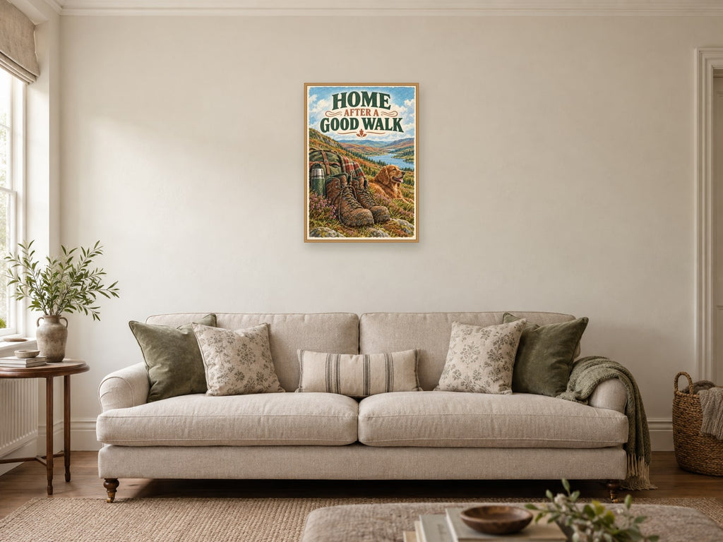 Home After a Good Walk — A2 artwork shown in a room with a natural wood frame; select a framed finish to include a frame