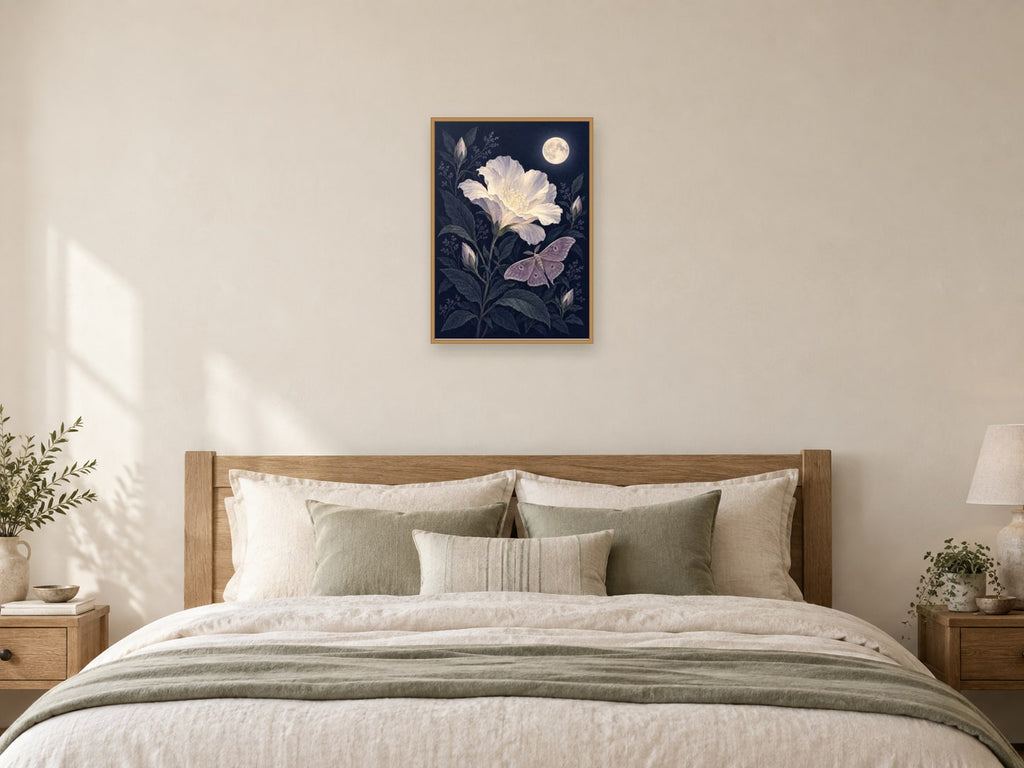 Night Blooming Stem — A2 artwork shown in a room with a natural wood frame; select a framed finish to include a frame