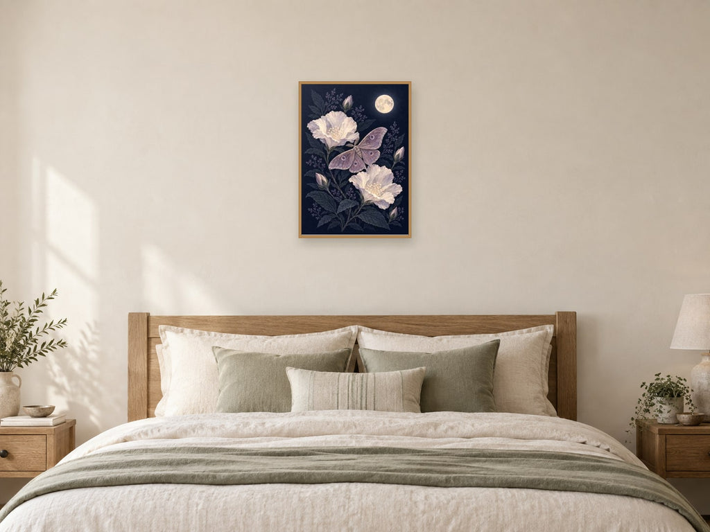 Moth among Moonflowers — A2 artwork shown in a room with a natural wood frame; select a framed finish to include a frame