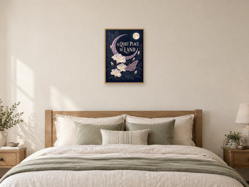 A Quiet Place to Land — A2 artwork shown in a room with a natural wood frame; select a framed finish to include a frame