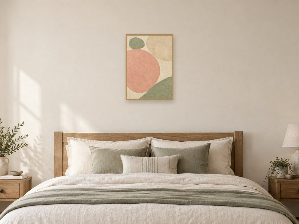 Two Stones in Balance — A2 artwork shown in a room with a natural wood frame; select a framed finish to include a frame
