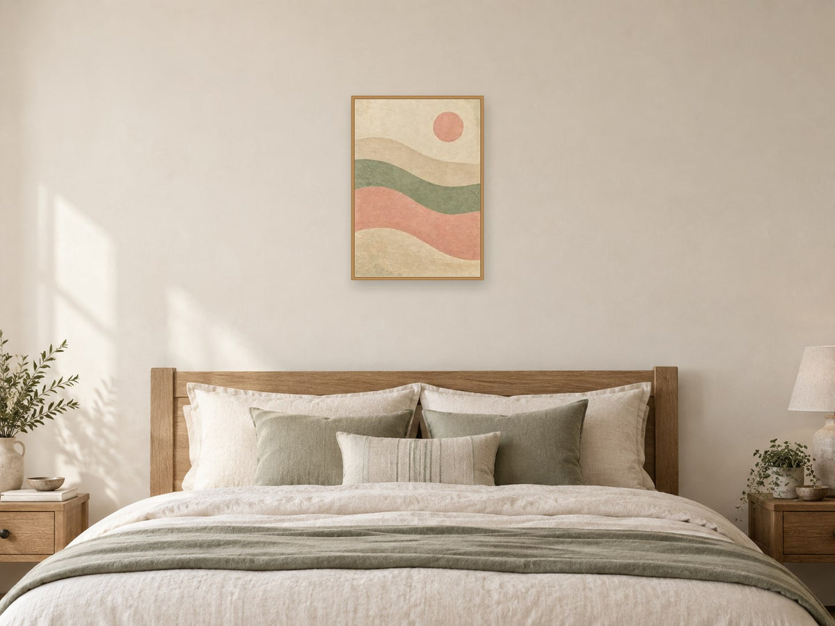 Gentle Wave Field — A2 artwork shown in a room with a natural wood frame; select a framed finish to include a frame