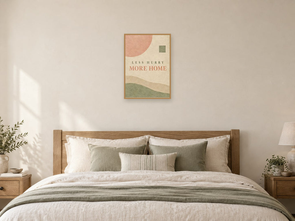 Less Hurry More Home — A2 artwork shown in a room with a natural wood frame; select a framed finish to include a frame