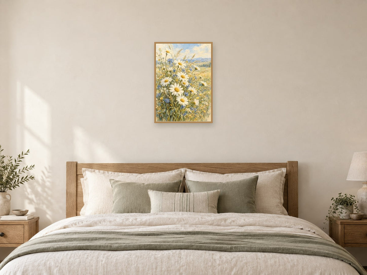 Wild Daisies at Dawn — A2 artwork shown in a room with a natural wood frame; select a framed finish to include a frame
