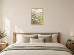 The Blue Meadow Edge — A2 artwork shown in a room with a natural wood frame; select a framed finish to include a frame