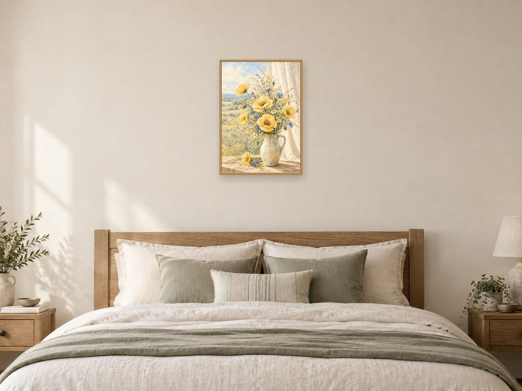 Poppies by the Window — A2 artwork shown in a room with a natural wood frame; select a framed finish to include a frame