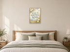 Wake to Something Kind — A2 artwork shown in a room with a natural wood frame; select a framed finish to include a frame