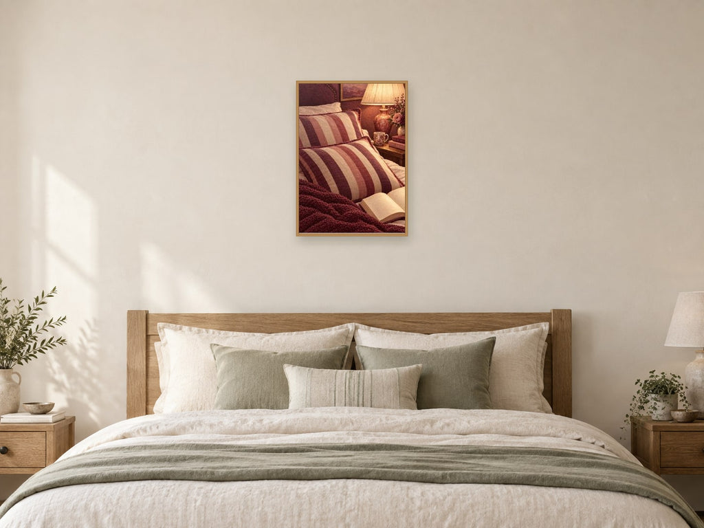 The Striped Pillow Study — A2 artwork shown in a room with a natural wood frame; select a framed finish to include a frame
