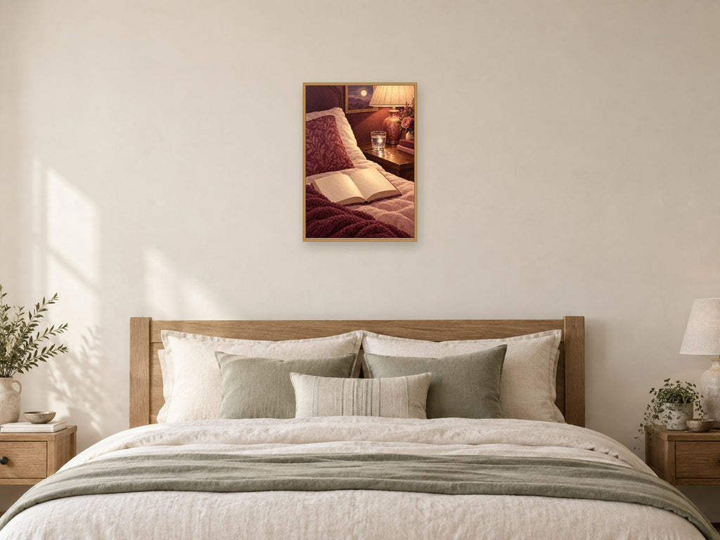A Glass of Water at Night — A2 artwork shown in a room with a natural wood frame; select a framed finish to include a frame