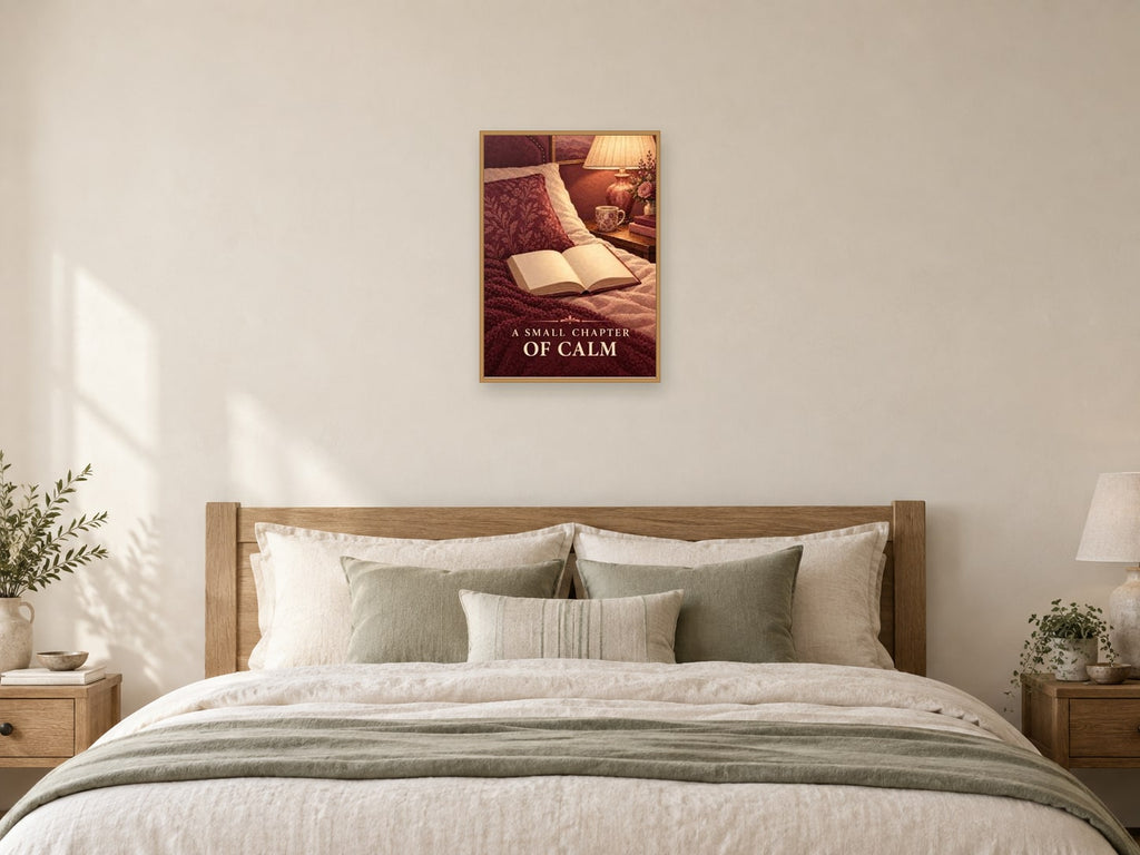 A Small Chapter of Calm — A2 artwork shown in a room with a natural wood frame; select a framed finish to include a frame