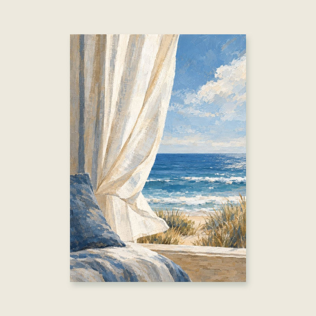 The Wind in the Curtain — Painterly coastal abstraction bedroom art print