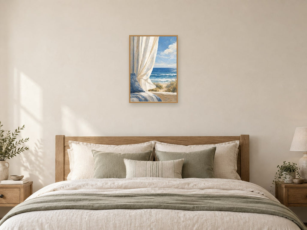 The Wind in the Curtain — A2 artwork shown in a room with a natural wood frame; select a framed finish to include a frame