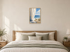 The Wind in the Curtain — A2 artwork shown in a room with a natural wood frame; select a framed finish to include a frame