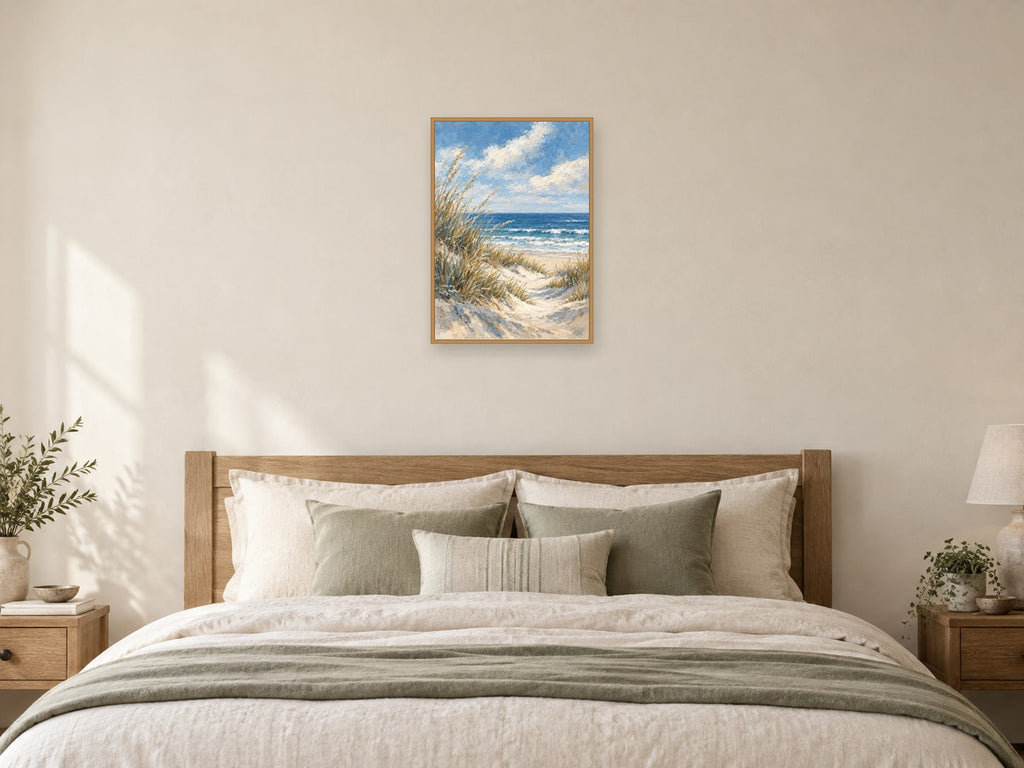 Dunes in Soft Light — A2 artwork shown in a room with a natural wood frame; select a framed finish to include a frame