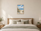 Dunes in Soft Light — A2 artwork shown in a room with a natural wood frame; select a framed finish to include a frame