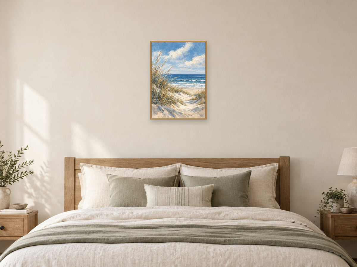 Dunes in Soft Light — A2 artwork shown in a room with a natural wood frame; select a framed finish to include a frame