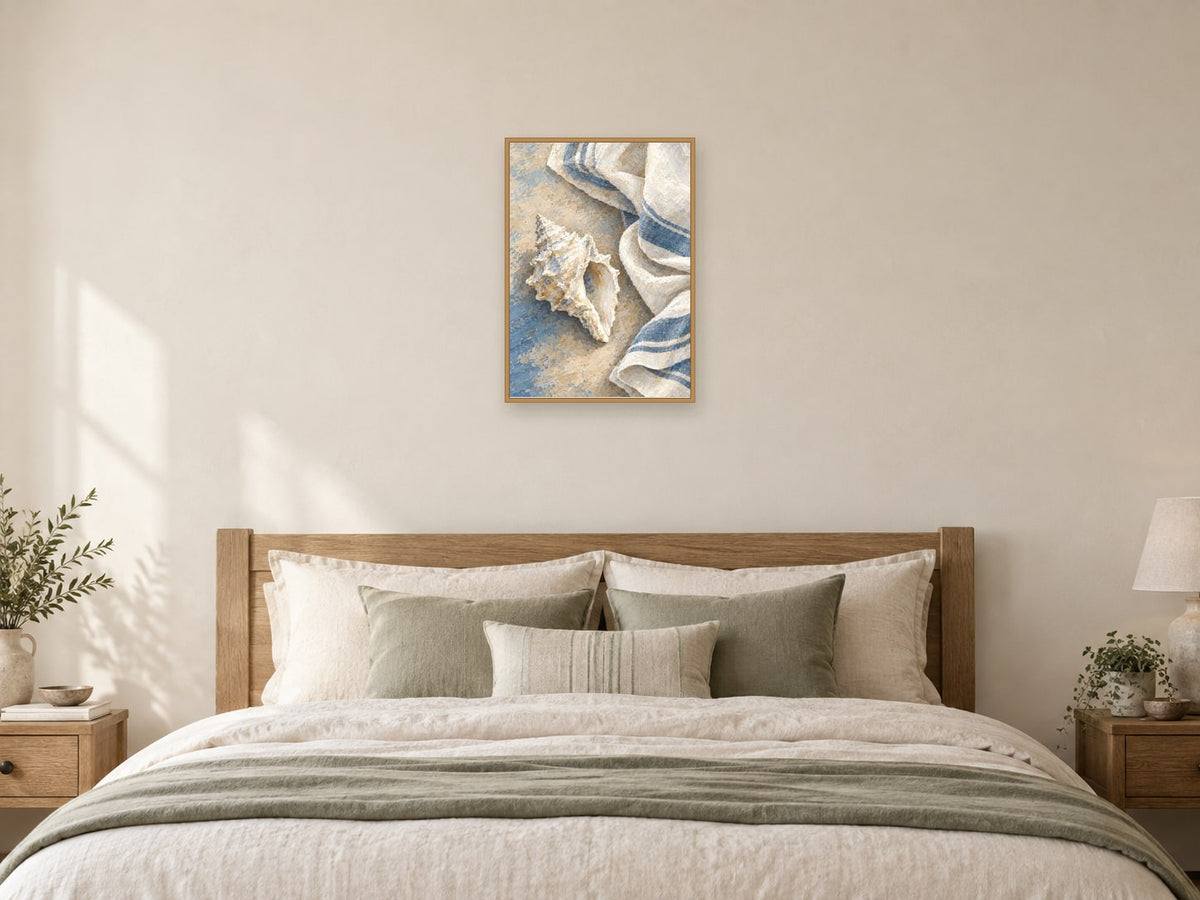 Folded Linen and Shell — A2 artwork shown in a room with a natural wood frame; select a framed finish to include a frame