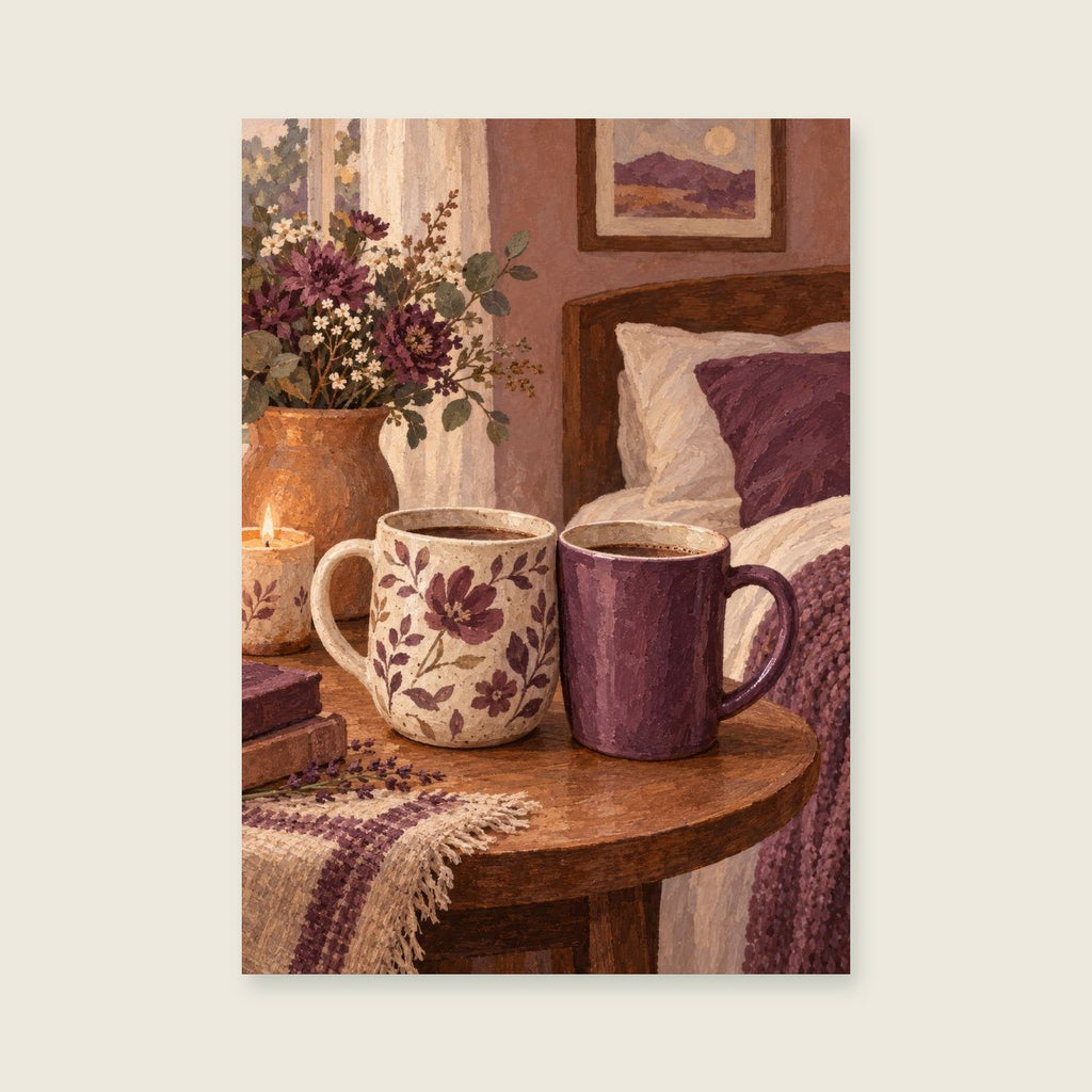 Two Mugs One Morning — Warm illustrative gouache bedroom art print