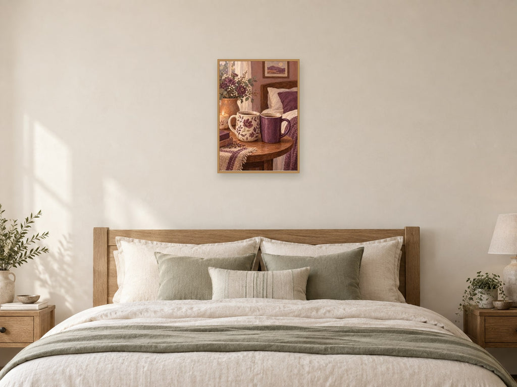 Two Mugs One Morning — A2 artwork shown in a room with a natural wood frame; select a framed finish to include a frame