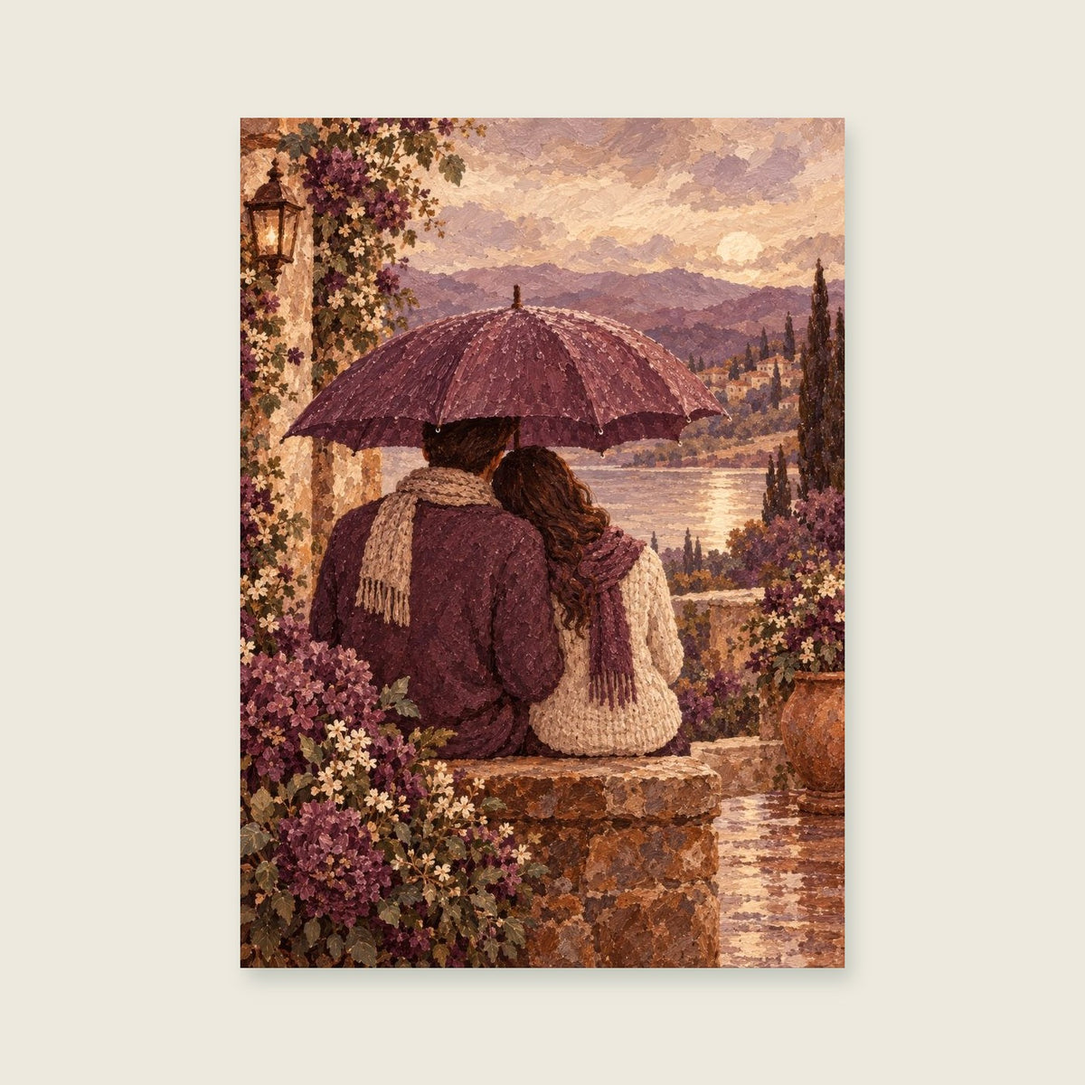 The Shared Umbrella — Warm illustrative gouache bedroom art print