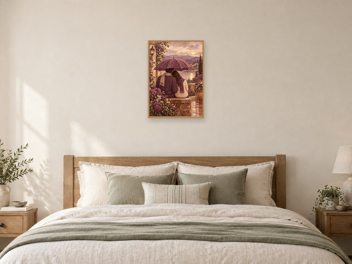 The Shared Umbrella — A2 artwork shown in a room with a natural wood frame; select a framed finish to include a frame