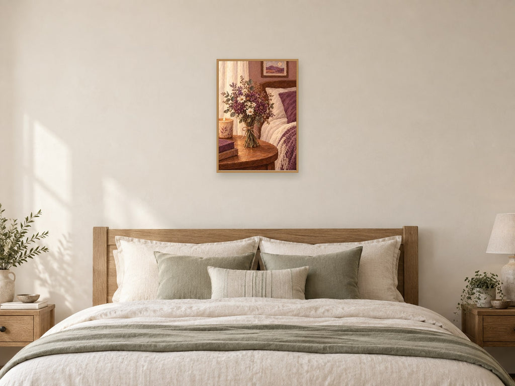 Flowers on the Bedside — A2 artwork shown in a room with a natural wood frame; select a framed finish to include a frame