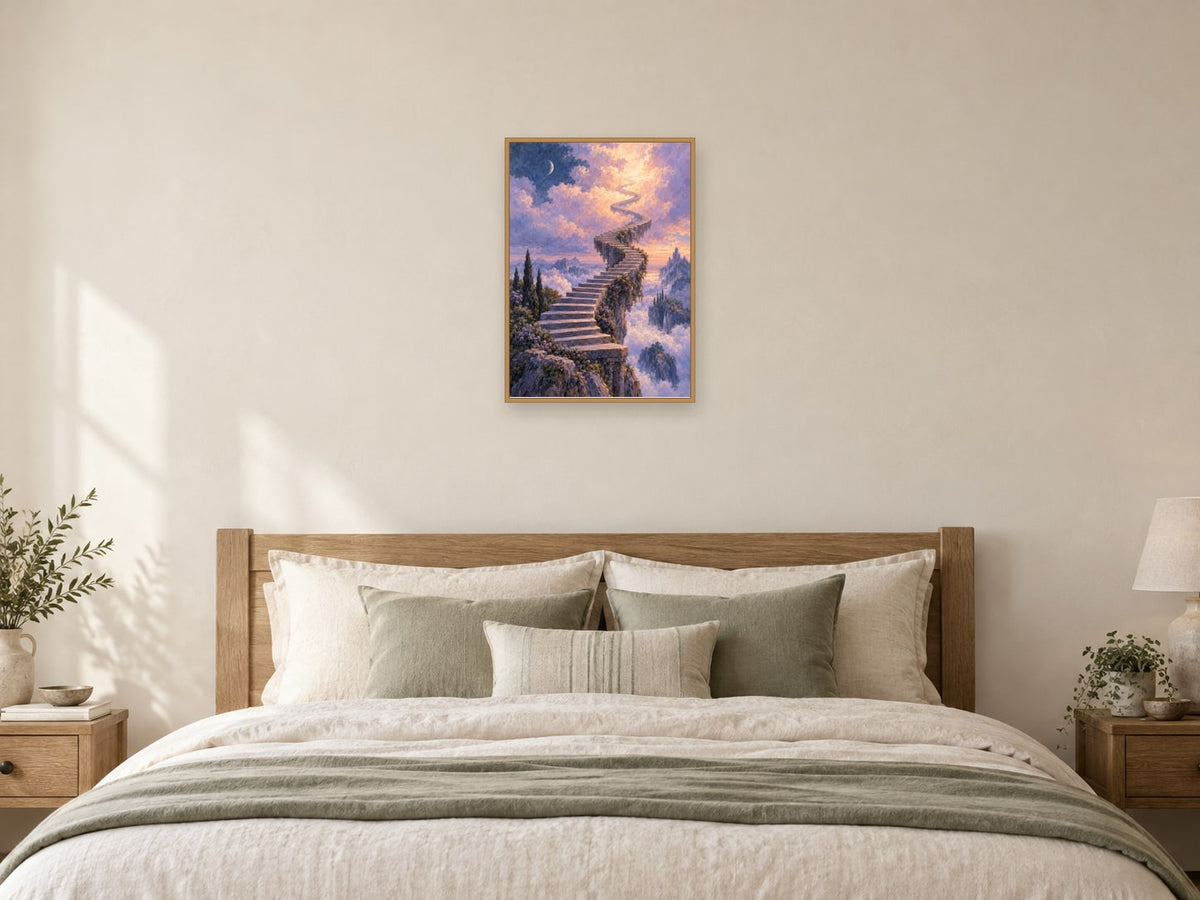Stairway into the Clouds — A2 artwork shown in a room with a natural wood frame; select a framed finish to include a frame