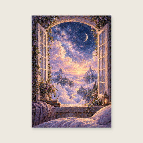 A Window to the Night Sky — Surreal painterly landscape bedroom art print