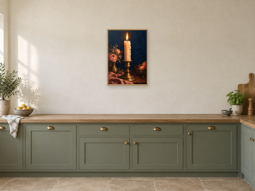 The Twisted Candle — A2 artwork shown in a room with a natural wood frame; select a framed finish to include a frame