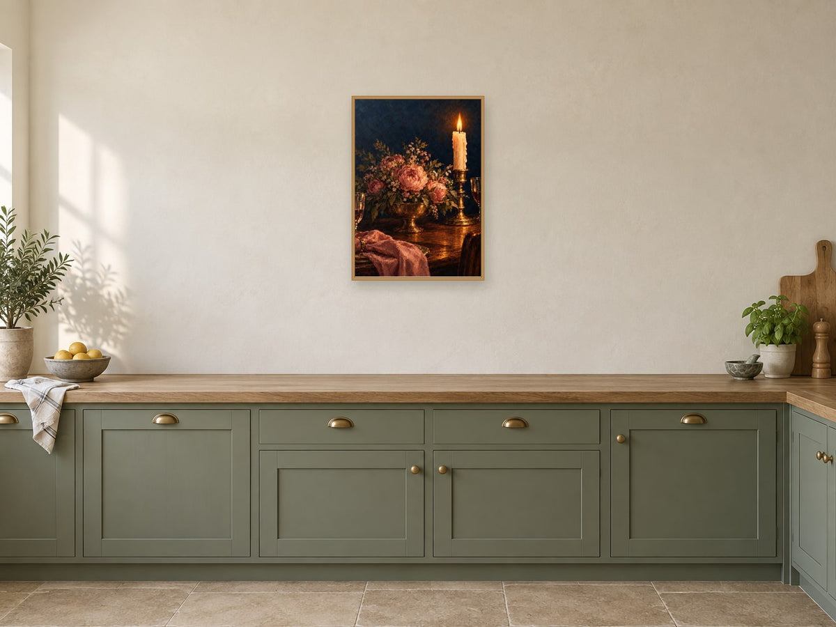 Flowers After Sunset — A2 artwork shown in a room with a natural wood frame; select a framed finish to include a frame