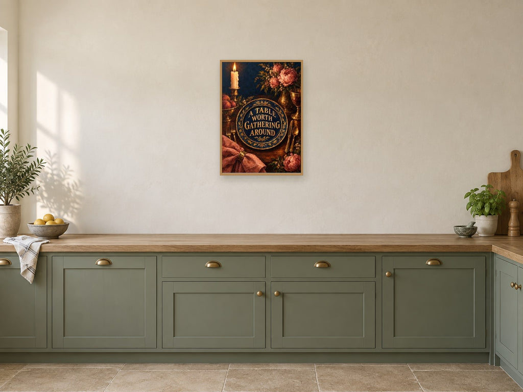 A Table Worth Gathering Around — A2 artwork shown in a room with a natural wood frame; select a framed finish to include a frame