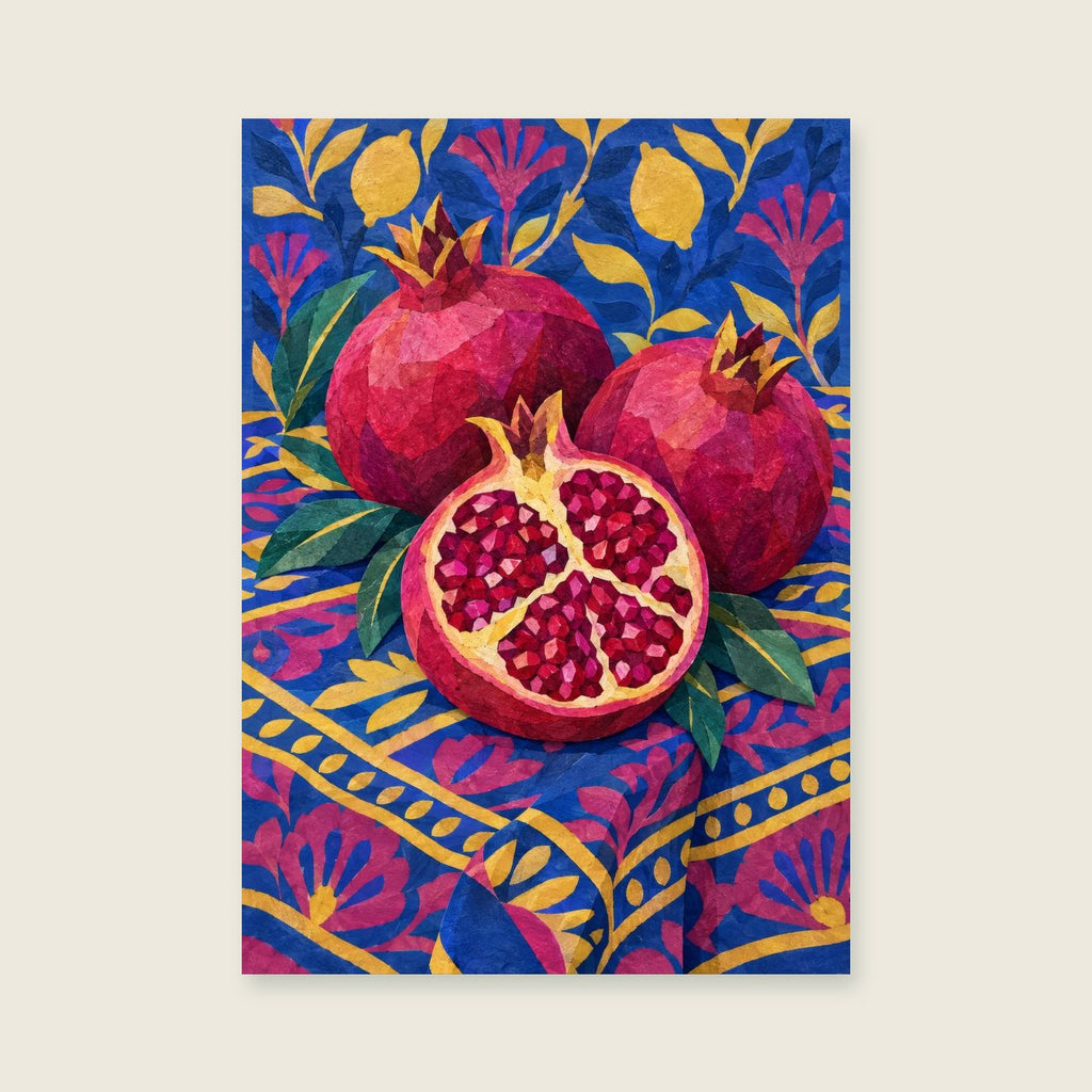Pomegranates on Checks — Decorative cut-paper dining room art print