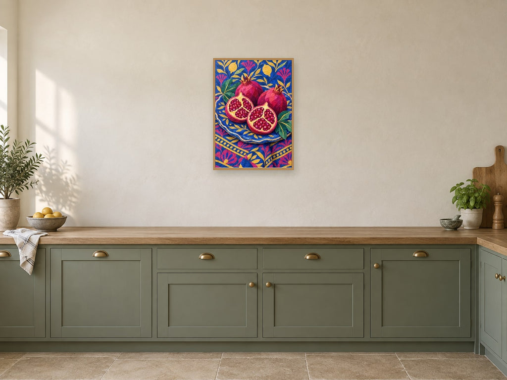 The Pomegranate Plate — A2 artwork shown in a room with a natural wood frame; select a framed finish to include a frame