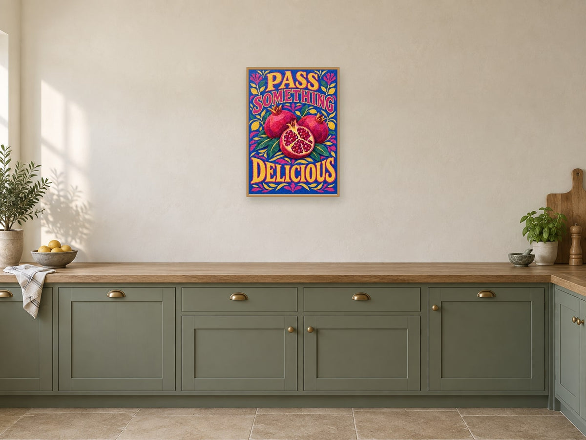 Pass Something Delicious — A2 artwork shown in a room with a natural wood frame; select a framed finish to include a frame