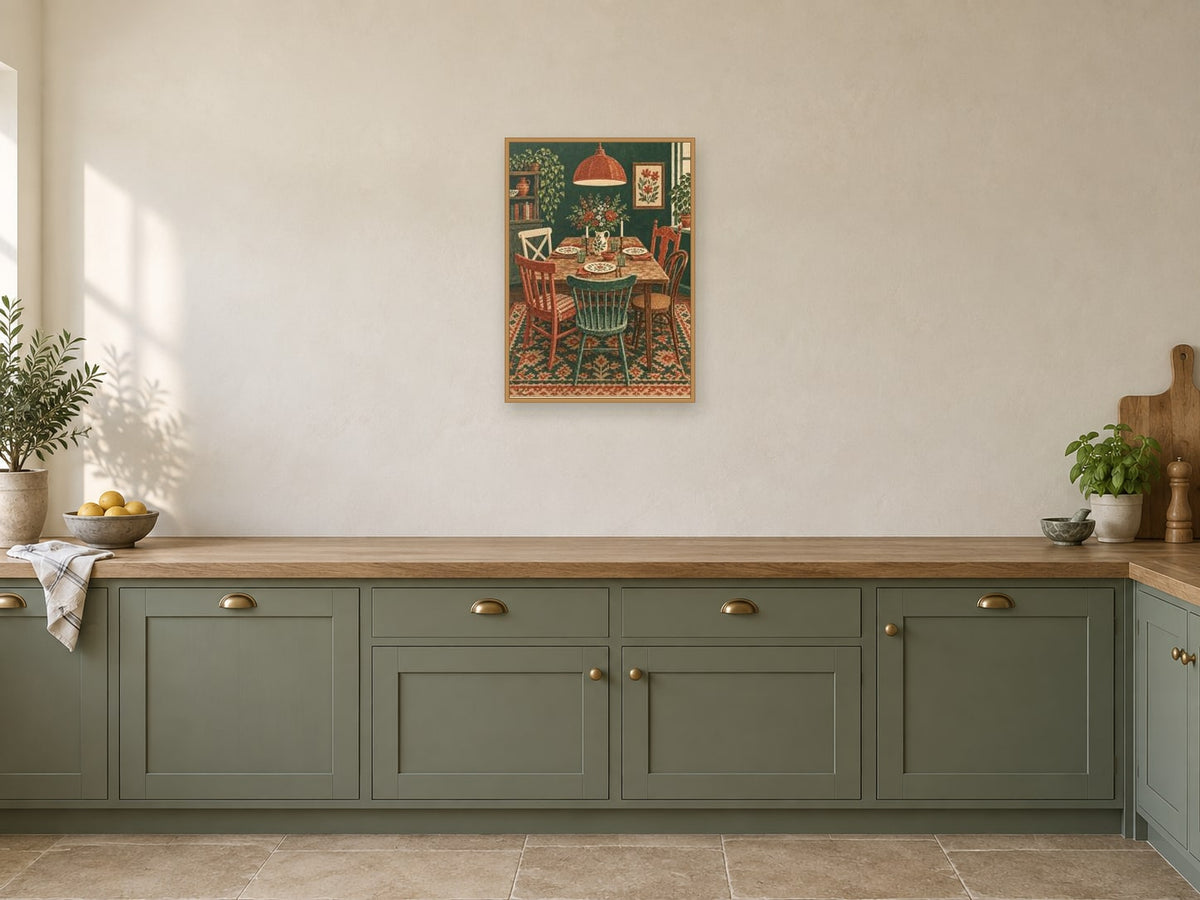 The House Table — A2 artwork shown in a room with a natural wood frame; select a framed finish to include a frame