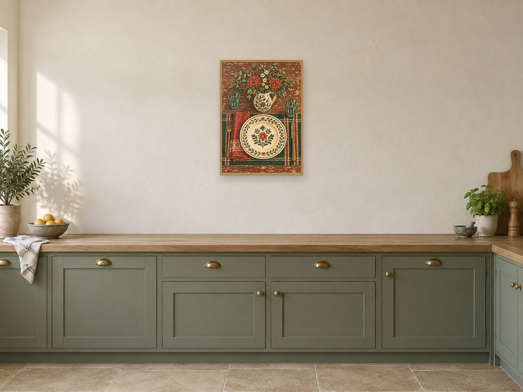 A Place Setting with Flowers — A2 artwork shown in a room with a natural wood frame; select a framed finish to include a frame