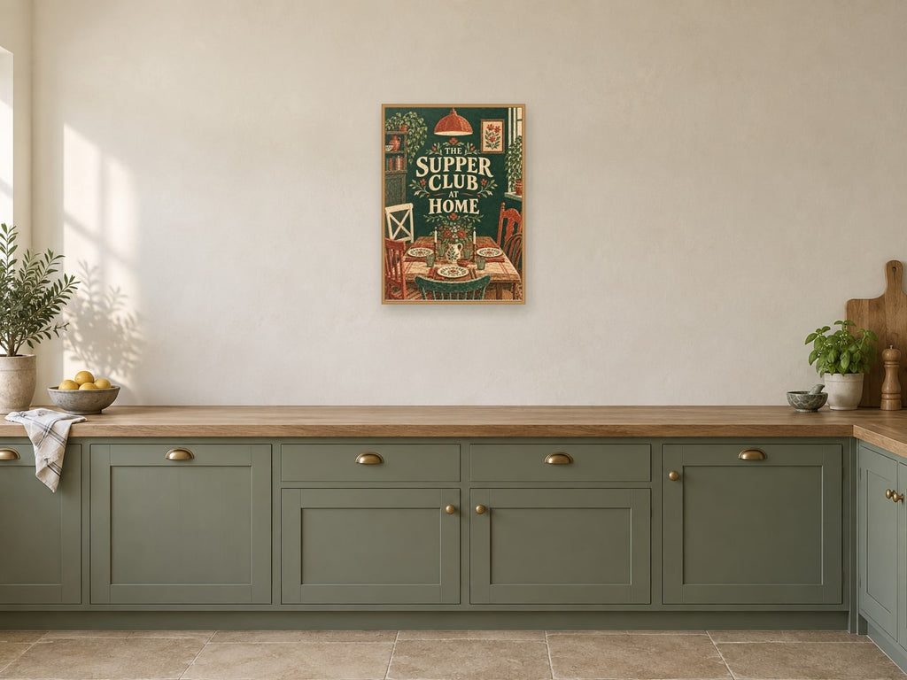 The Supper Club at Home — A2 artwork shown in a room with a natural wood frame; select a framed finish to include a frame