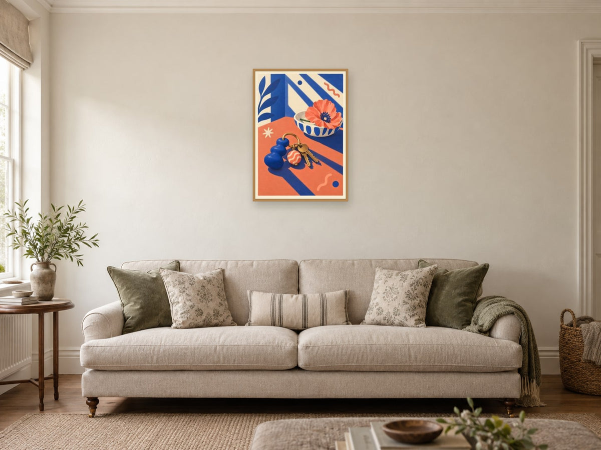 Keys and a Flower — A2 artwork shown in a room with a natural wood frame; select a framed finish to include a frame