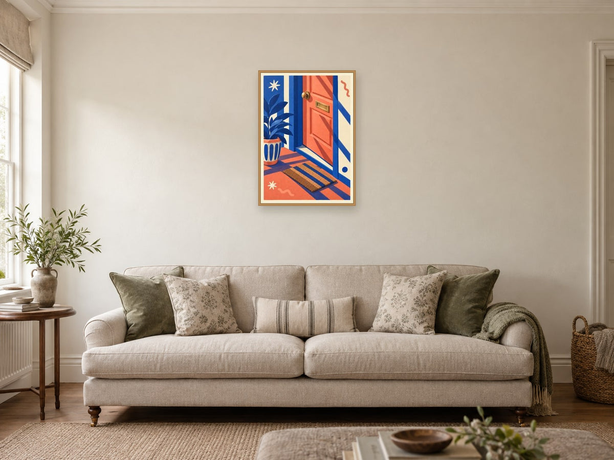 The Open Front Door — A2 artwork shown in a room with a natural wood frame; select a framed finish to include a frame