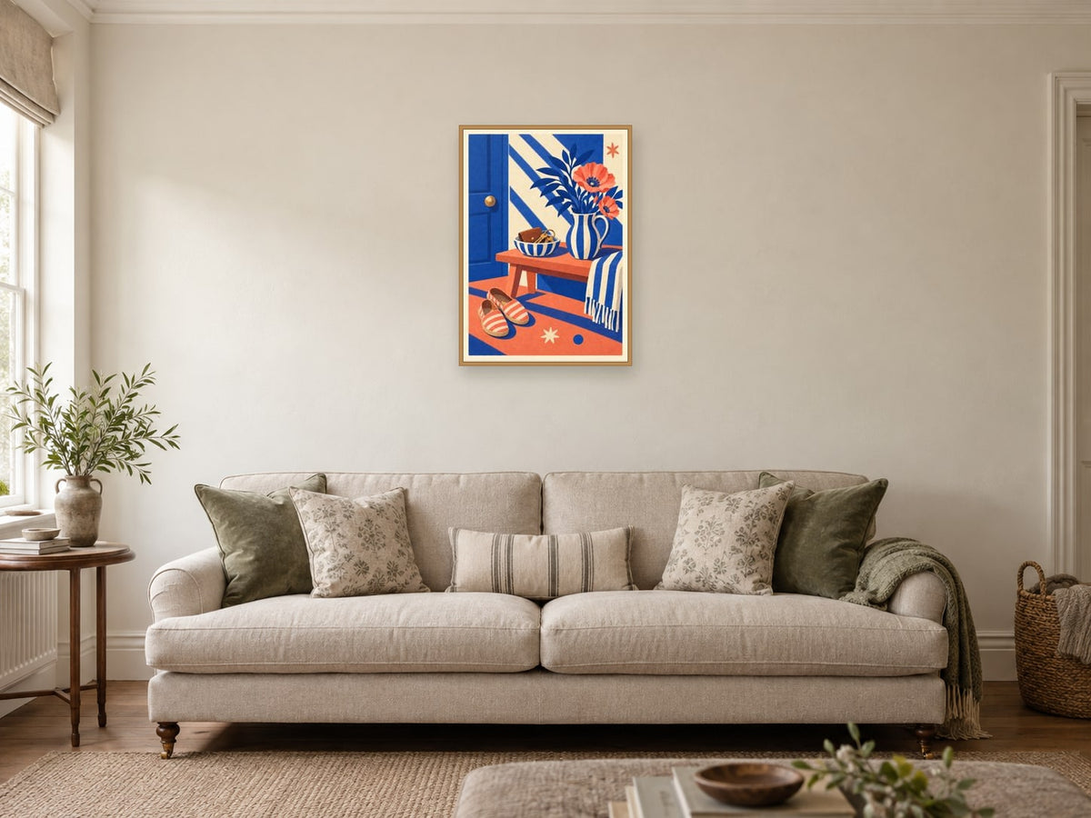Boots Coat and Umbrella — A2 artwork shown in a room with a natural wood frame; select a framed finish to include a frame