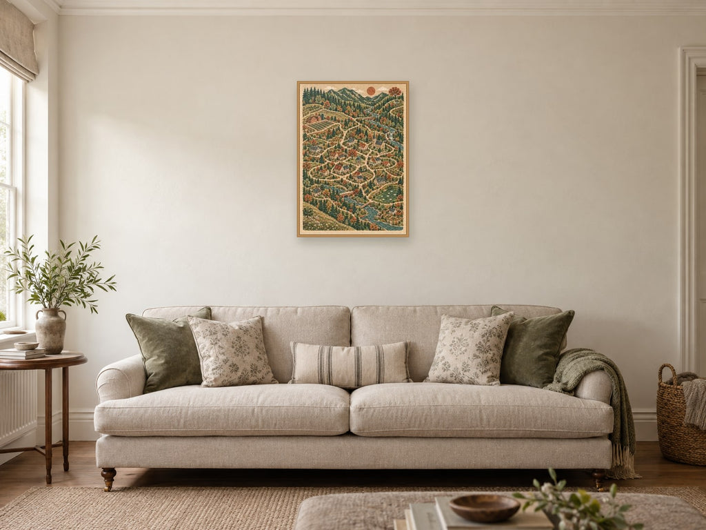 The Meeting of Three Paths — A2 artwork shown in a room with a natural wood frame; select a framed finish to include a frame
