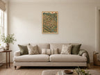 The Meeting of Three Paths — A2 artwork shown in a room with a natural wood frame; select a framed finish to include a frame