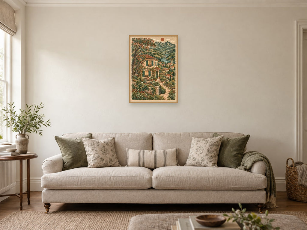 The House on the Corner — A2 artwork shown in a room with a natural wood frame; select a framed finish to include a frame