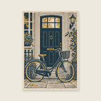 The Bicycle by the Door — Editorial linocut hallway art print